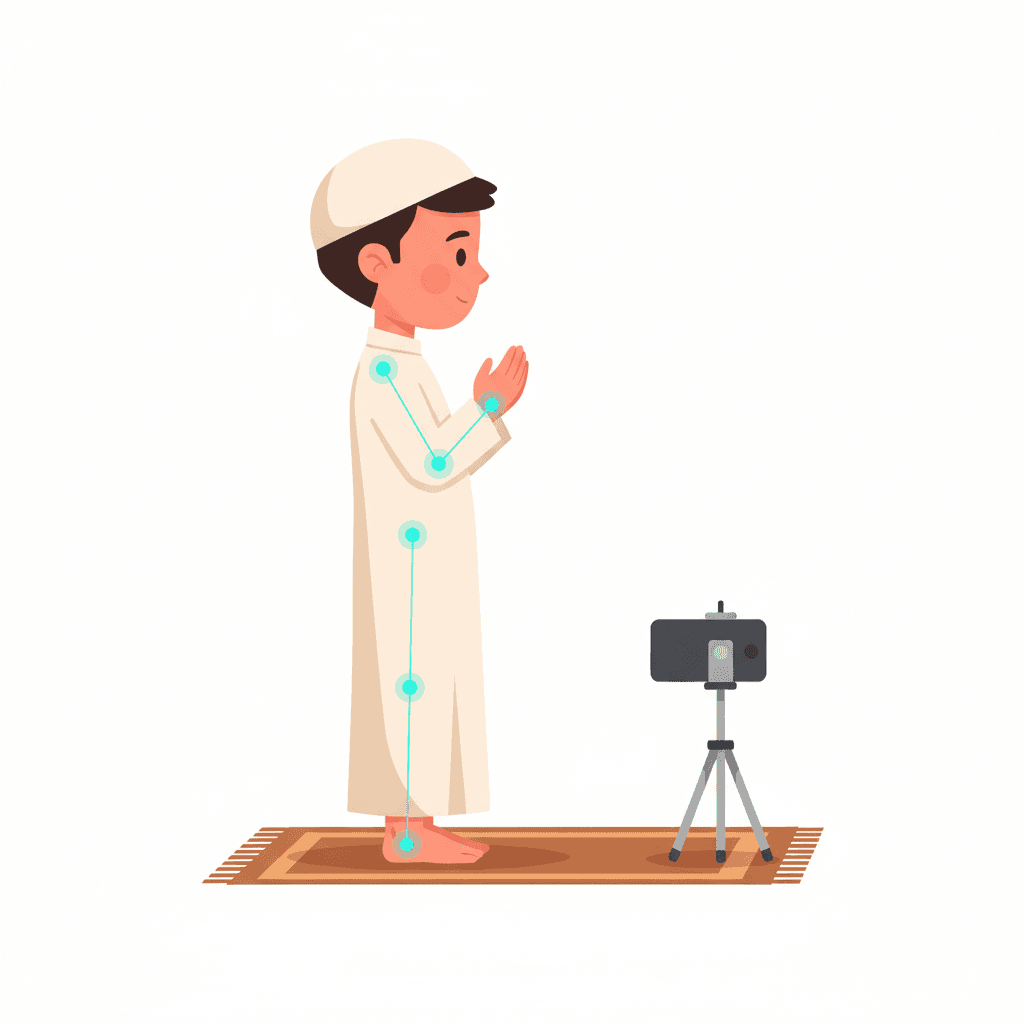 Illustration of a boy in qiyam position with AI pose tracking dots on his joints, being filmed by a phone on a tripod