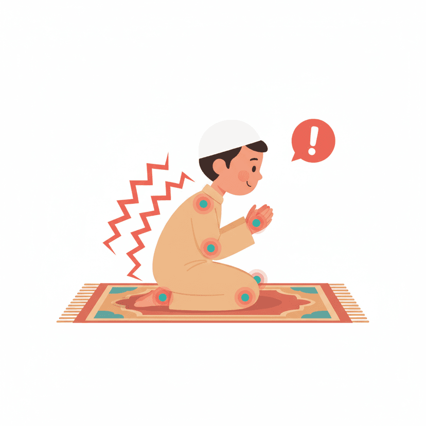 Illustration of a child fidgeting during prayer with red warning indicators showing the AI detected excessive movement