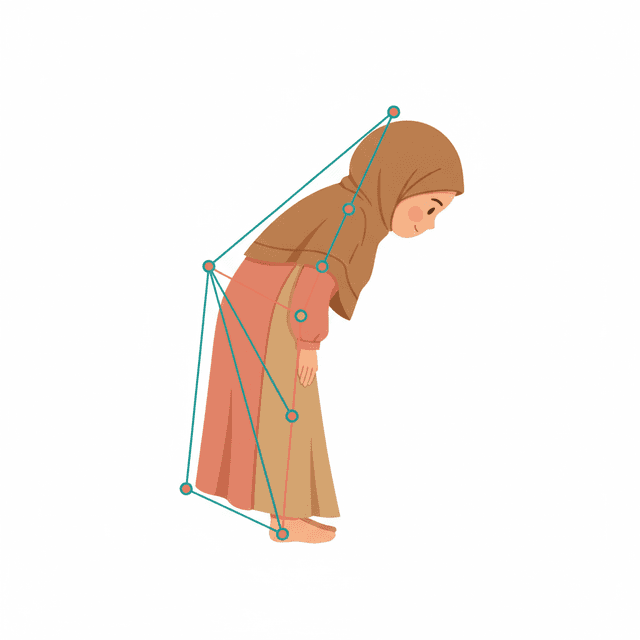 Illustration of a child in Ruku' position with AI pose tracking overlay