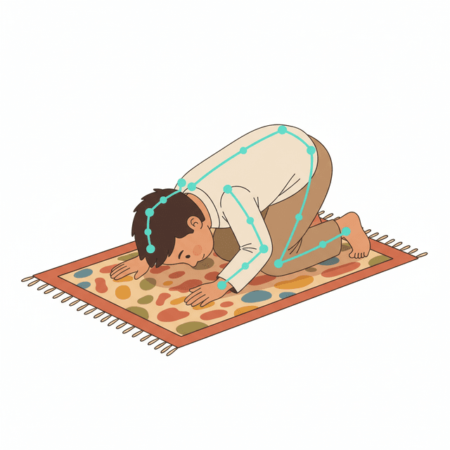 Illustration of a child in Sujood position with AI pose tracking overlay